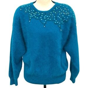 Nordstrom | Vintage Angora Turquoise Beaded fuzzy Sequin Sweater Sz M